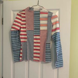 SHEIN Patchwork Stripe Long Sleeve Top - Pink, Blue, Gray, Cream